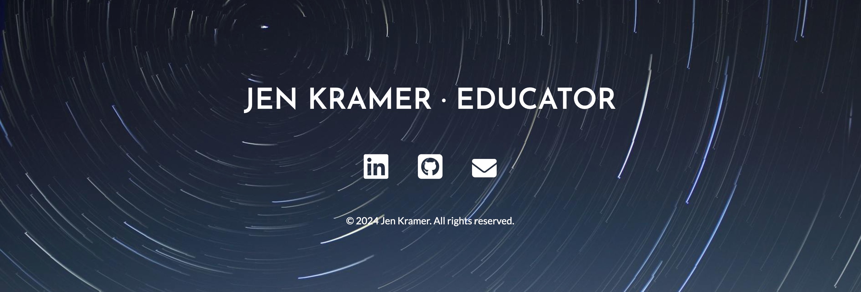 Footer includes text from earlier work, accessible icons, and a starry background image.